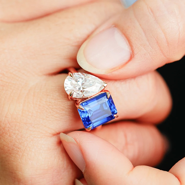 Toi Et Moi 14K Soild Gold Lab Sapphire At Moissanite Ring