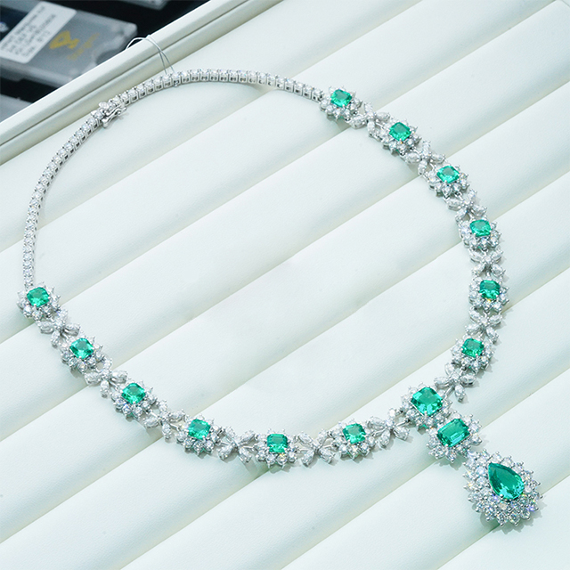 14K White Gold Lab Grown Emerald At Moissanite Luxury Diamond Necklace