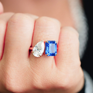 Toi Et Moi 14K Soild Gold Lab Sapphire At Moissanite Ring