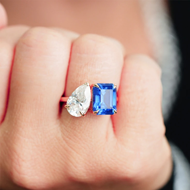 Toi Et Moi 14K Soild Gold Lab Sapphire At Moissanite Ring