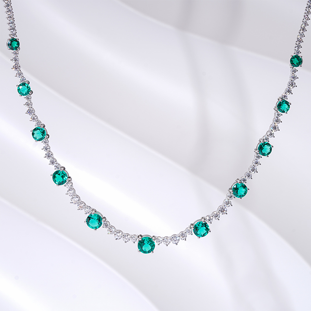 14K White Gold Round Brilliant Cut Lab Grown Emerald at Moissanite Diamond Necklace 