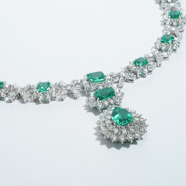 14K White Gold Lab Grown Emerald At Moissanite Luxury Diamond Necklace