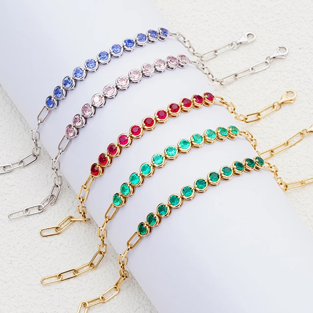 14K Gold Color Lab Grown Gemstone Chain Tennis Bracelets