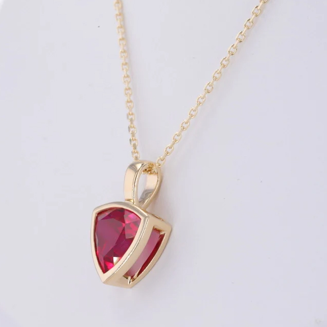 10K Gold Trilliant Cut Lab Grown Ruby Gemstone Pendant Necklace